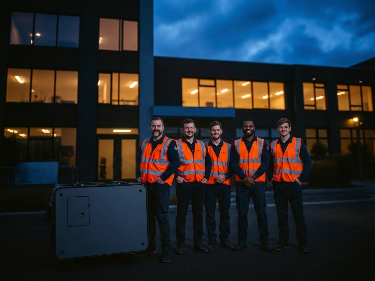 Vertex maintenance crew outside a commercial building at dusk